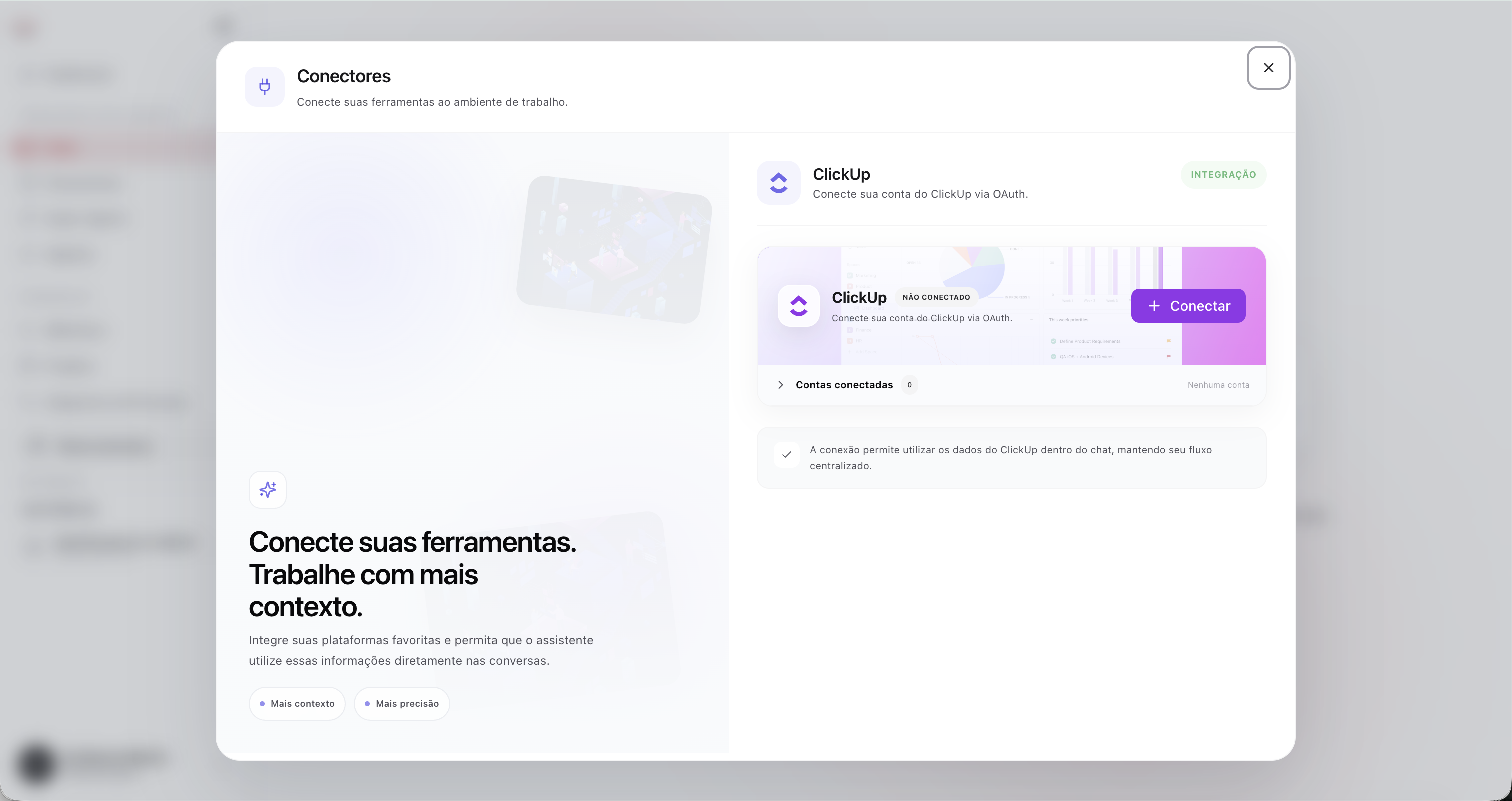 Tela real de integração do Vertere Mind com o ClickUp