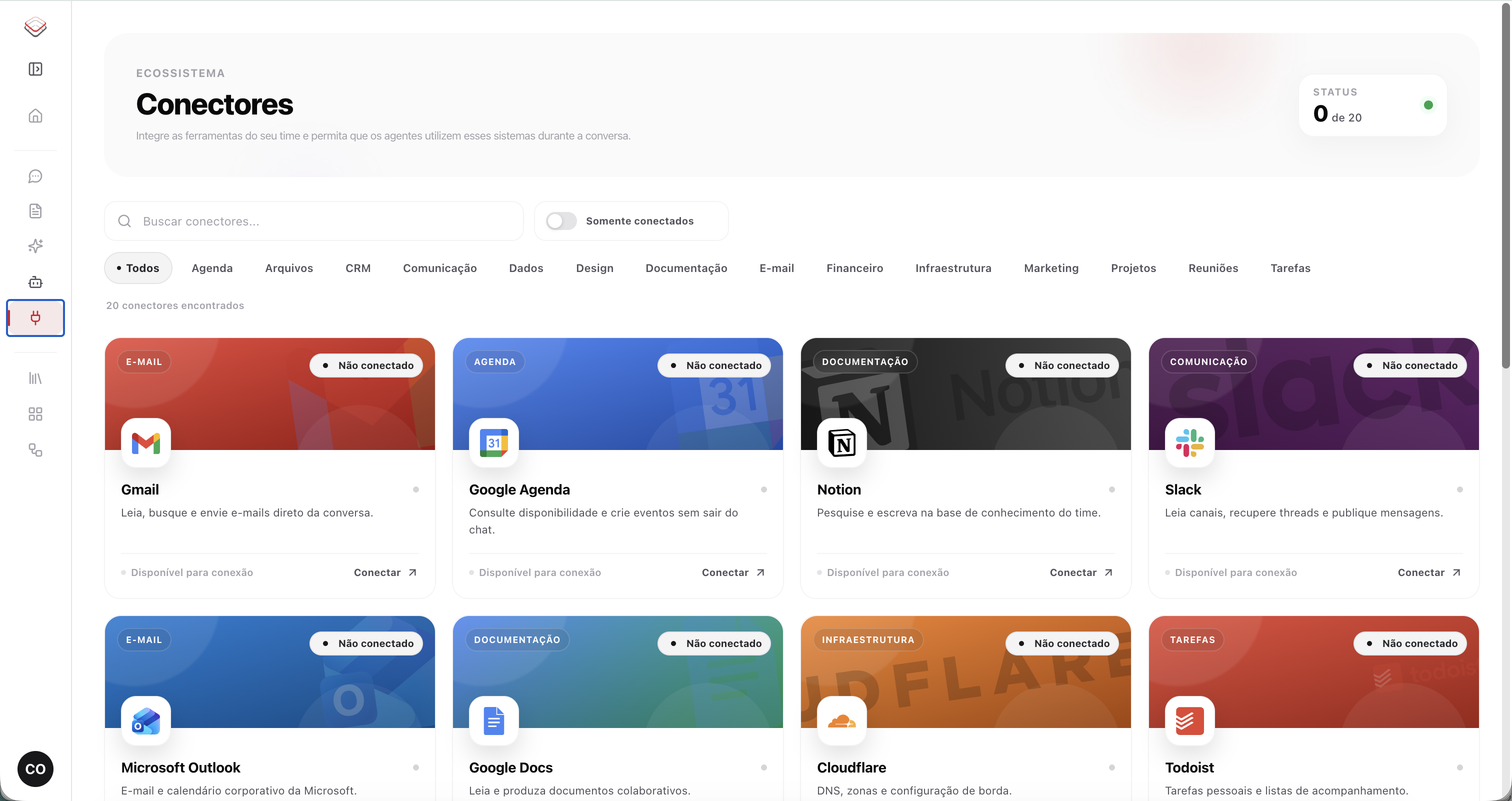 Tela real do ecossistema de conectores do Vertere Mind com Gmail, Google Agenda, Notion, Slack e outros aplicativos