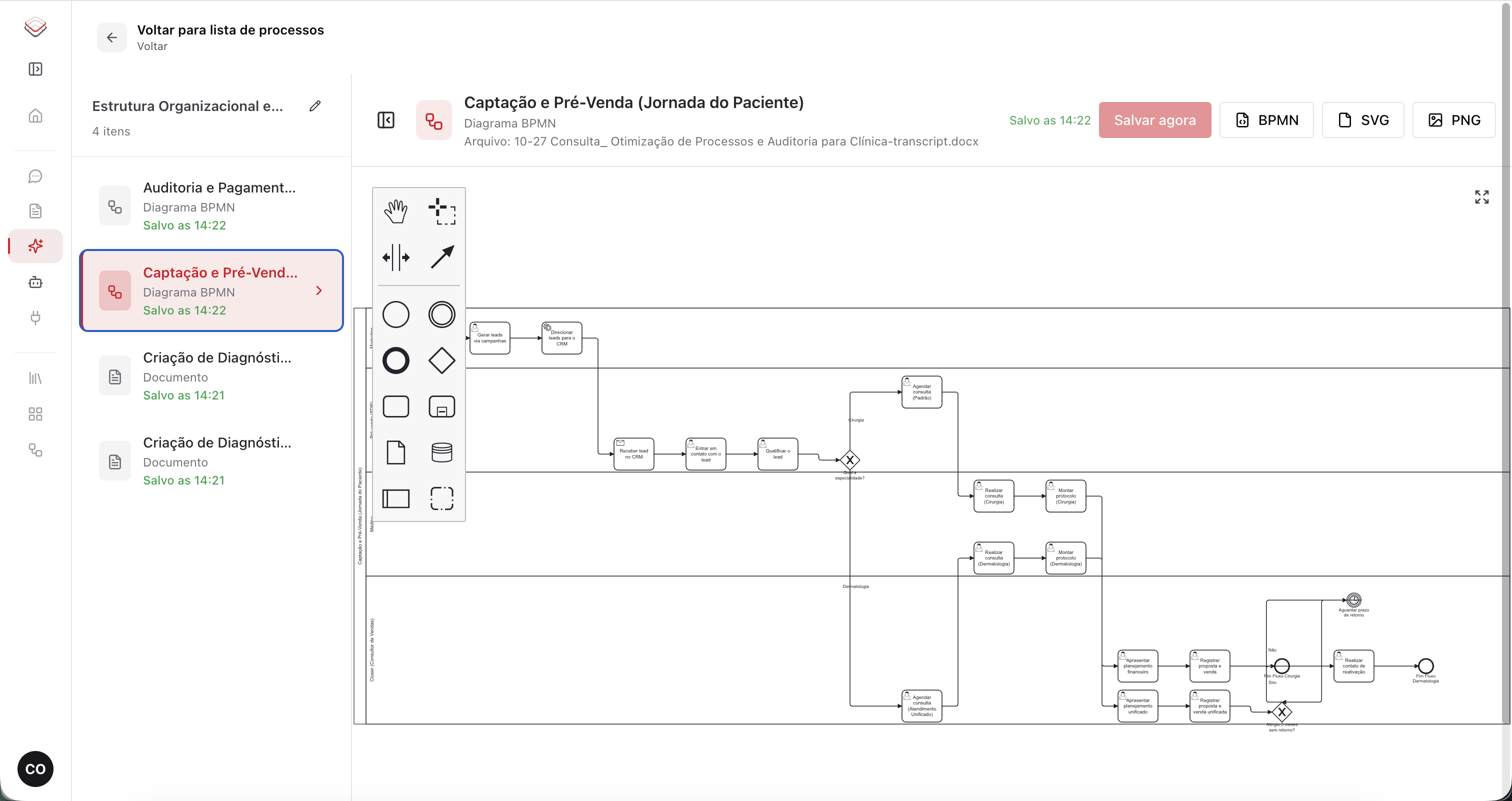 Tela real do Vertere Mind com processo modelado em BPMN a partir de uma transcrição de reunião